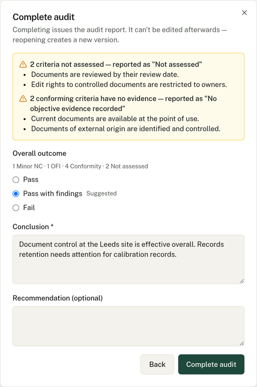 Completing an audit, with criteria that have no evidence flagged, the findings totalled and "Pass with findings" suggested as the outcome.